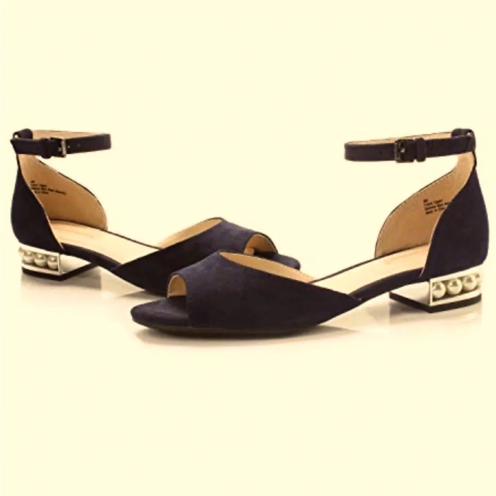 NWOT Black Suede Sandals Pearl Block Heel Ankle Strap Dress Shoes 7